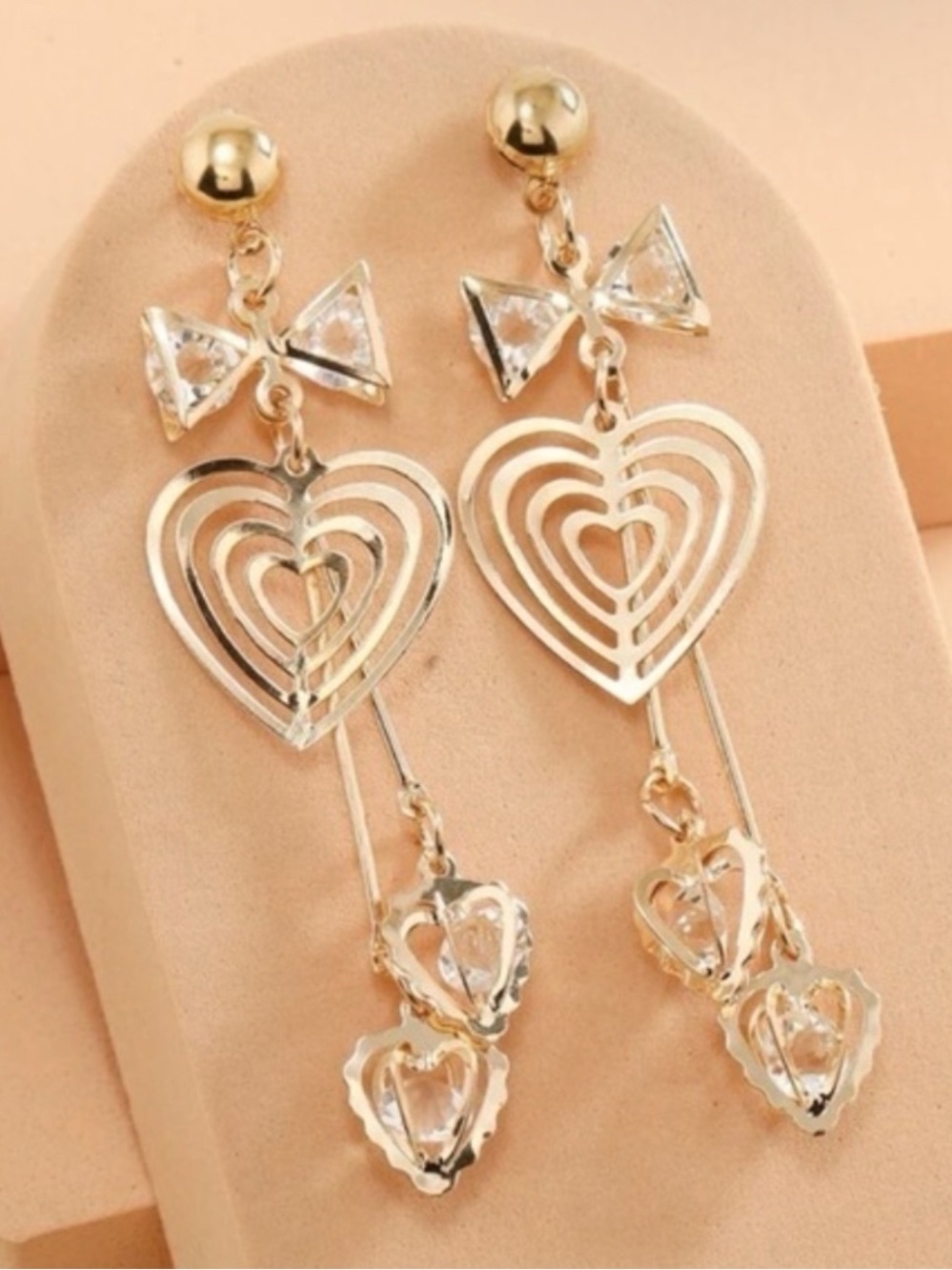 Gold Heart Rhinestone Bow Drop Earrings